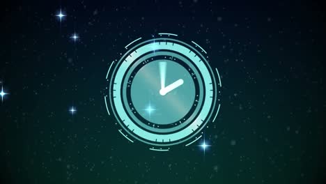 animation of clock with moving hands over glowing stars on black background