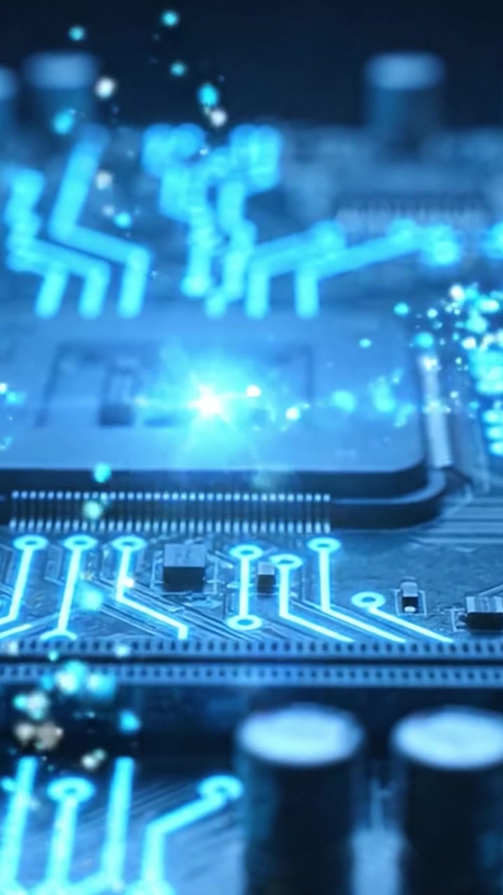Close-Up of a Circuit Board Highlighting Microprocessor and Circuitry, Showcasing Blue Illumination and Intricate Components for Technology Enthusiasts