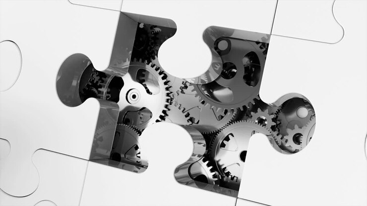 Animazione di ingranaggi metallici con un puzzle. Concetto di tecnologia aziendale. Animazione 3D