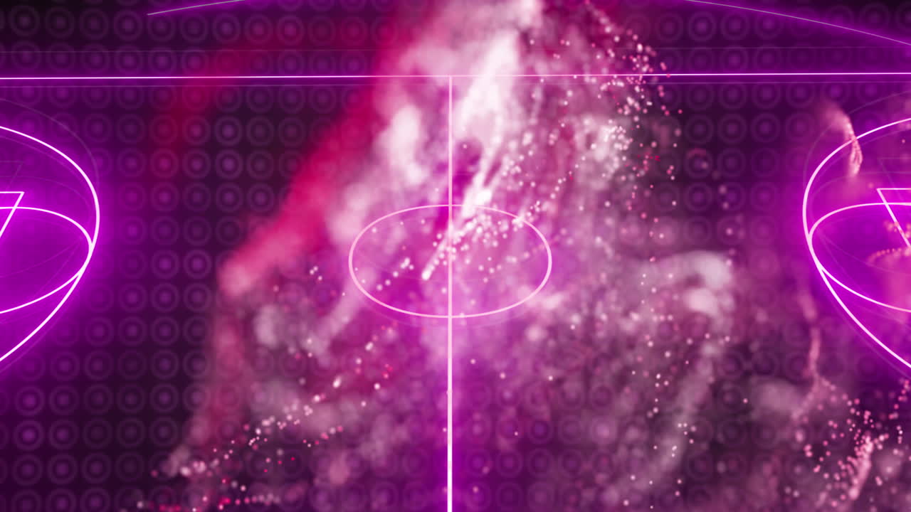 검은색 배경에 네온 보라색 축구장 레이아웃 위에 빨간색 디지털 파동의 애니메이션