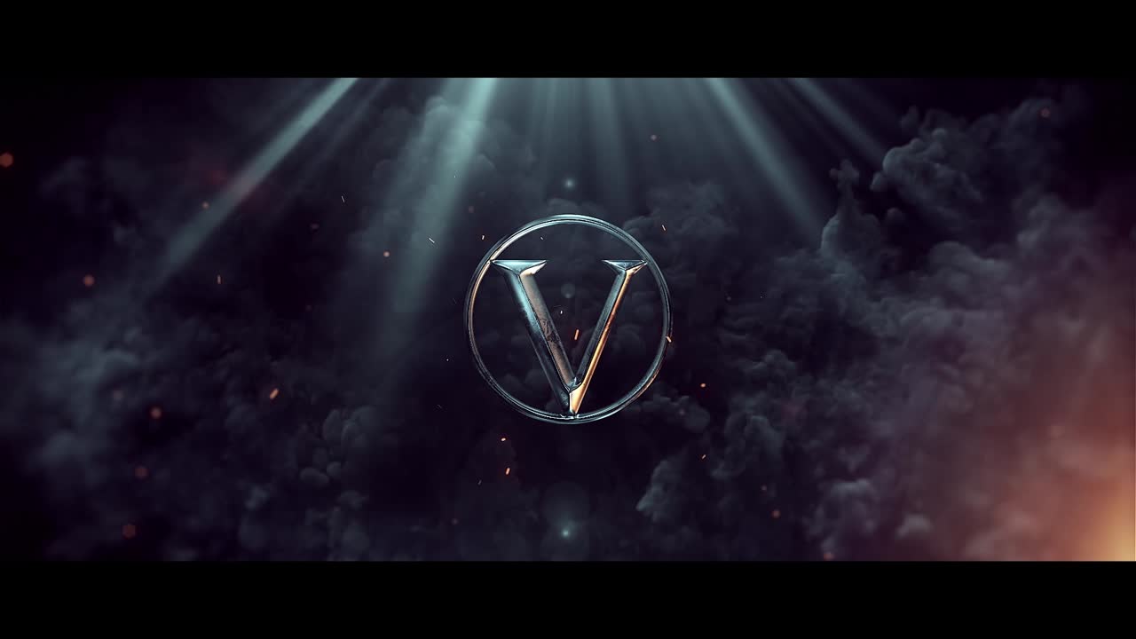 Rivelazione cinematografica del logo V con esplosione di fuoco e fumo
