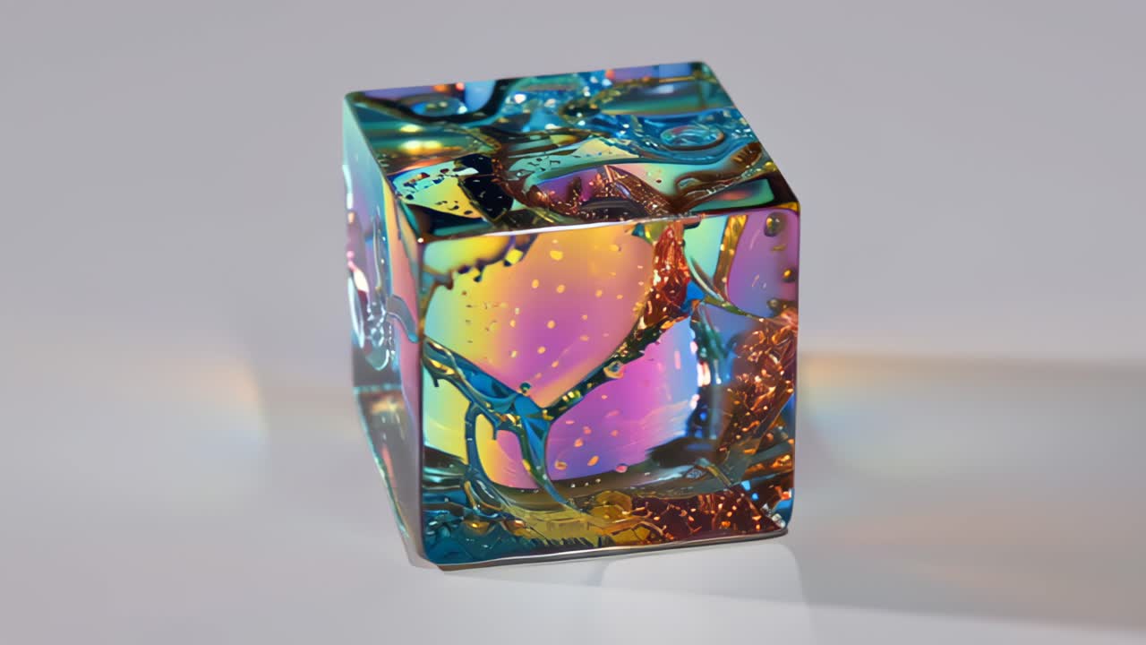 Cubo de vidro iridescente colorido com texturas líquidas fluidas e bolhas girando em um fundo de estúdio neutro, ideal para tecnologia, design e conceitos abstratos futuristas em projetos criativos