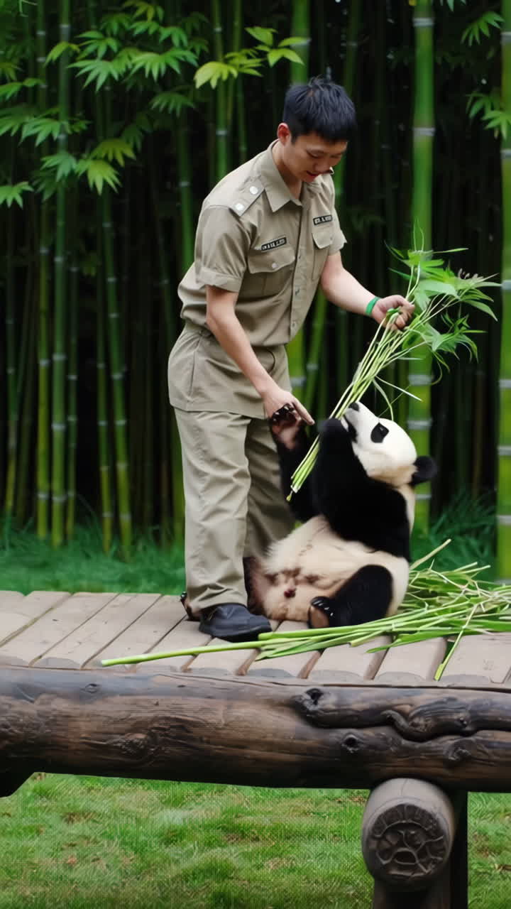 Panda Keeper Feeding a Giant Panda