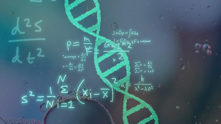 Animazione di bolle su filamento di DNA e equazioni matematiche su sfondo blu