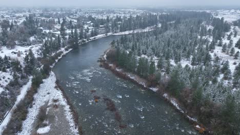 aerial view of the spokane river surrounded by snow during a cold winter