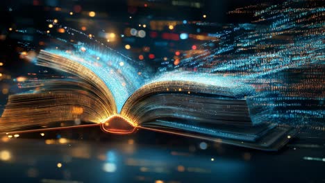 glowing open book with digital overlay