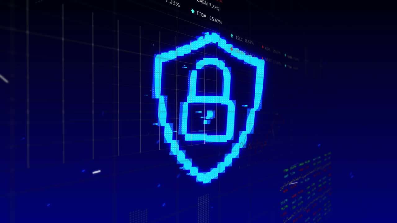 Security padlock icon against financial and stock market data processing against blue background
