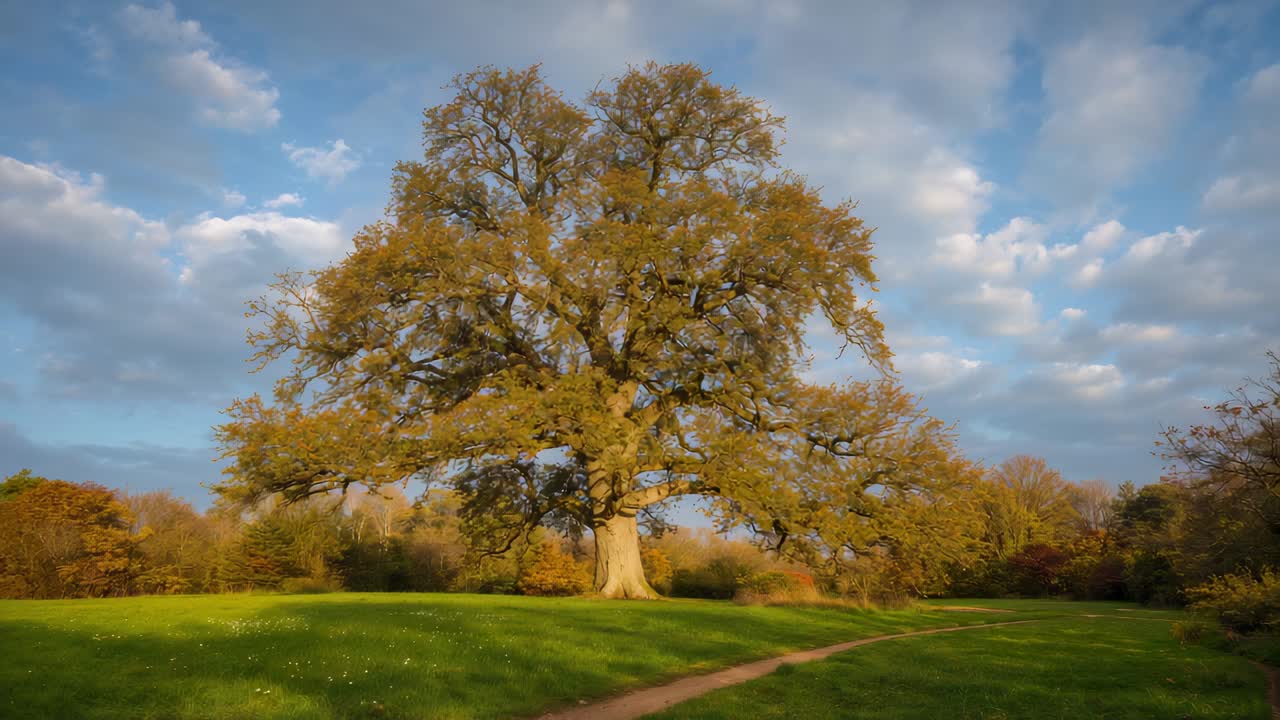 Grande albero maturo che ondeggia sotto la leggera brezza e le nuvole in movimento, proiettando ombra sul sentiero sterrato del prato