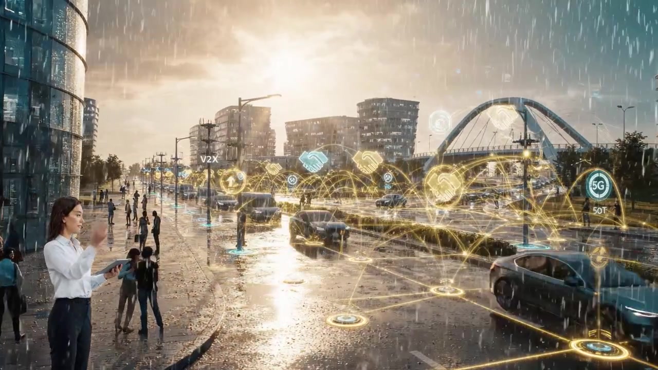 ฉากถนนในเมืองที่ฝนตก แสดงเทคโนโลยีเมืองอัจฉริยะพร้อมผู้คนที่มีเครือข่ายดิจิทัลภายใต้แสงไฟที่น่าทึ่งและเอฟเฟกต์ฝน