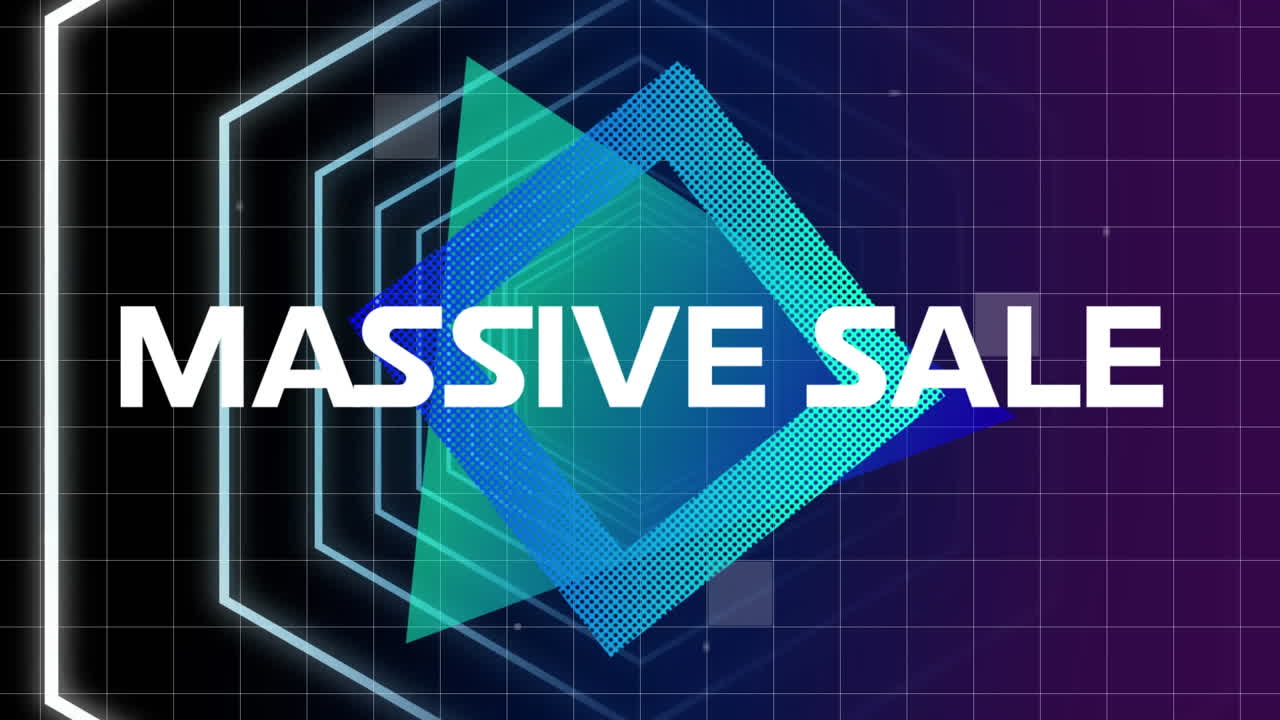 검은색 배경에 네온 패턴 위에 거대한 판매 텍스트의 애니메이션