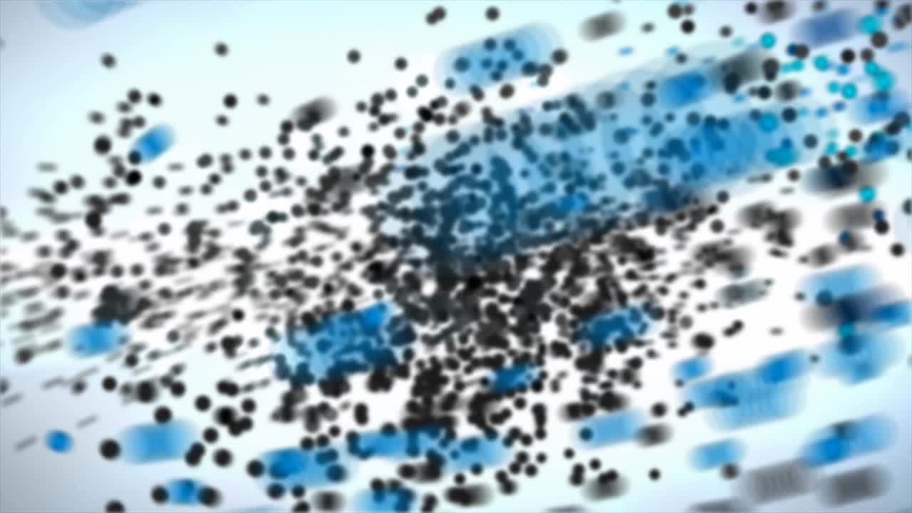Dynamic blue and black particles flowing in abstract space merging into a logo