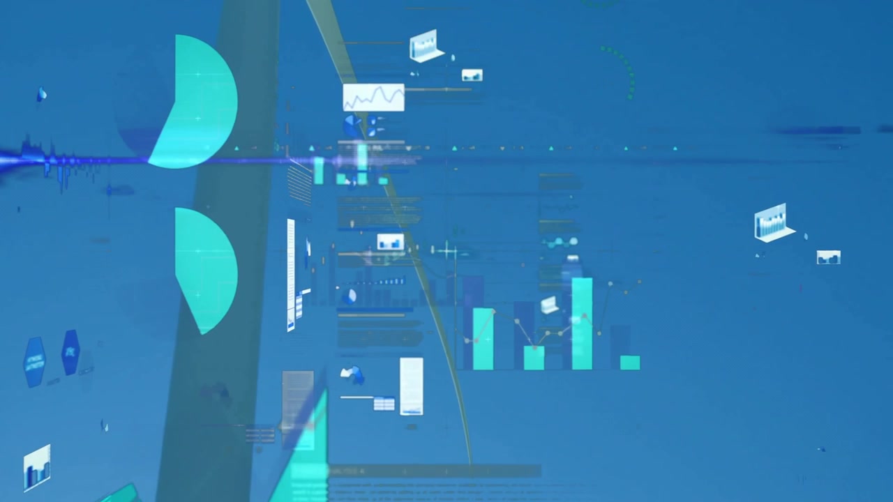 Data visualization being animated in 3D render, with floating translucent chart panels and icons