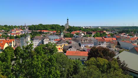 Mistelbach,-Niederösterreich,-Austria---A-View-of-Residential-Buildings---Drone-Flying-Forward