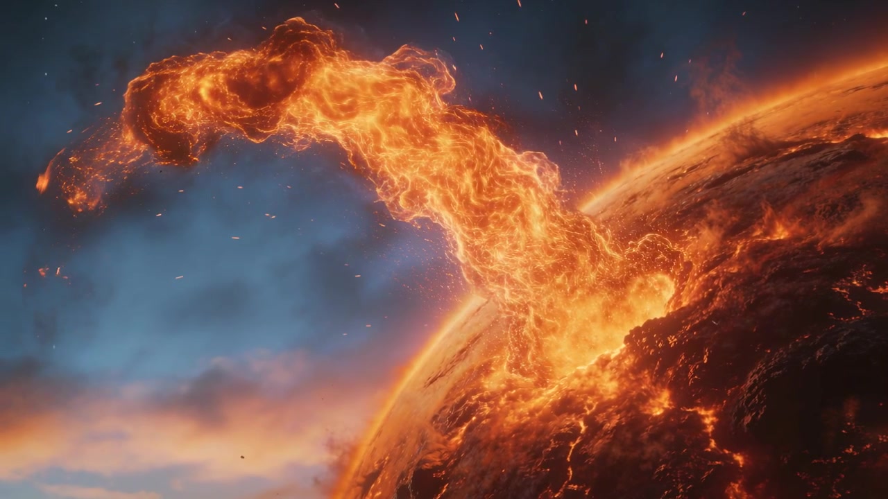 Bursting glowing fissure launching molten plume over planet limb, lighting horizon and clouds