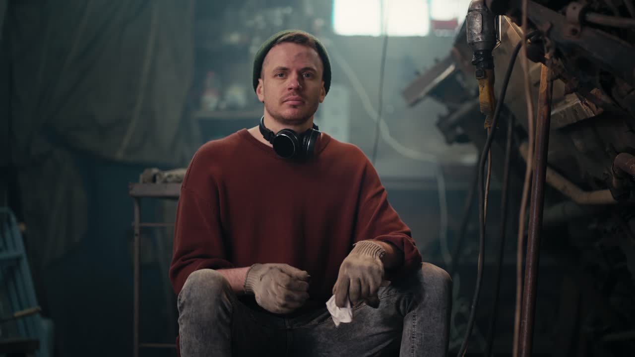 The Art of Maintenance: A Skilled Mechanic's Work Ethic in Action. Tired working mechanic takes off gloves after a hard day