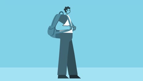 hombre de dibujos animados caminando con mochila. diseño plano animación de bucle aislado de personaje 2d con canal alfa