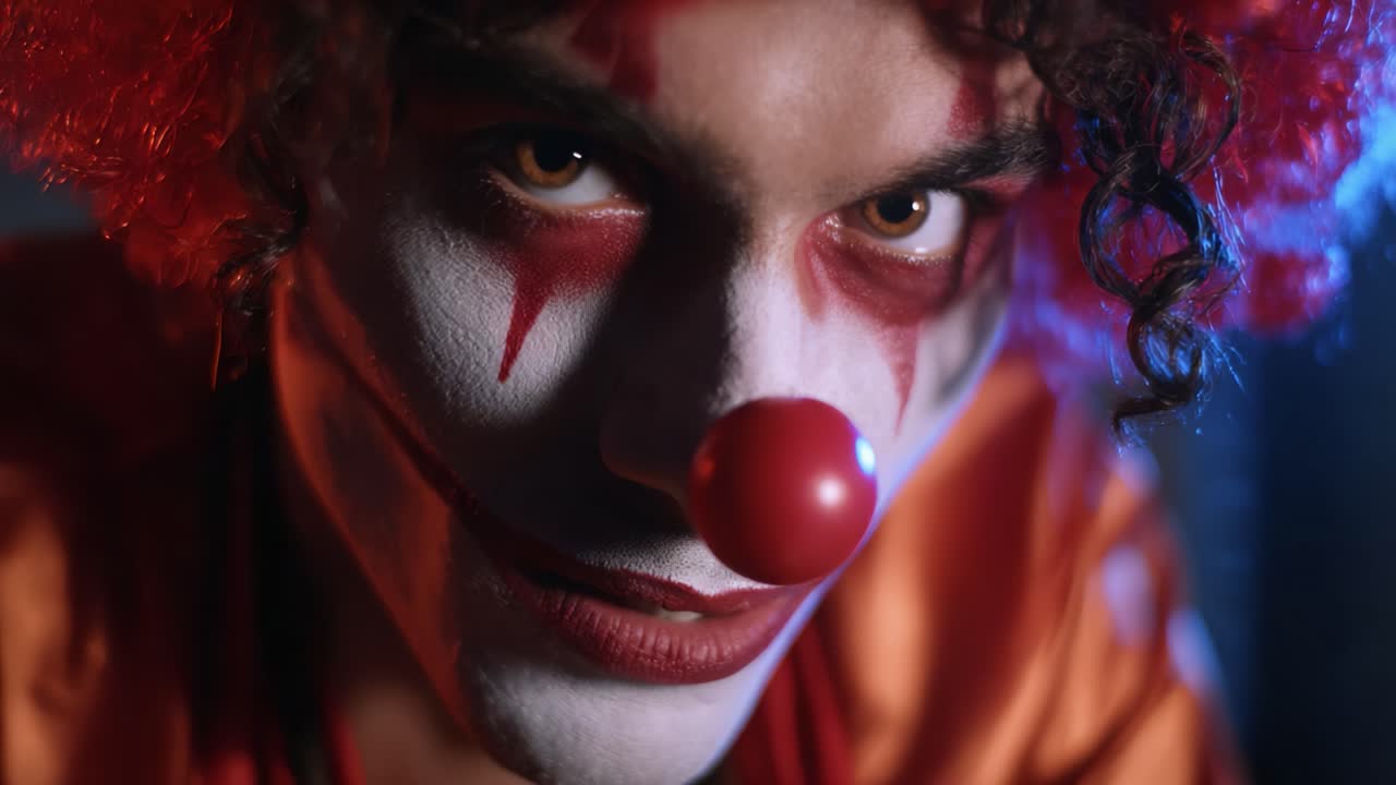 Close-up of a clown with intense gaze, smeared face paint, and distinctive red hair, embodying a mix of playful and sinister expressions in dramatic lighting