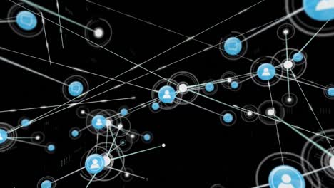 animation of network of connections with icons over data processing on black background