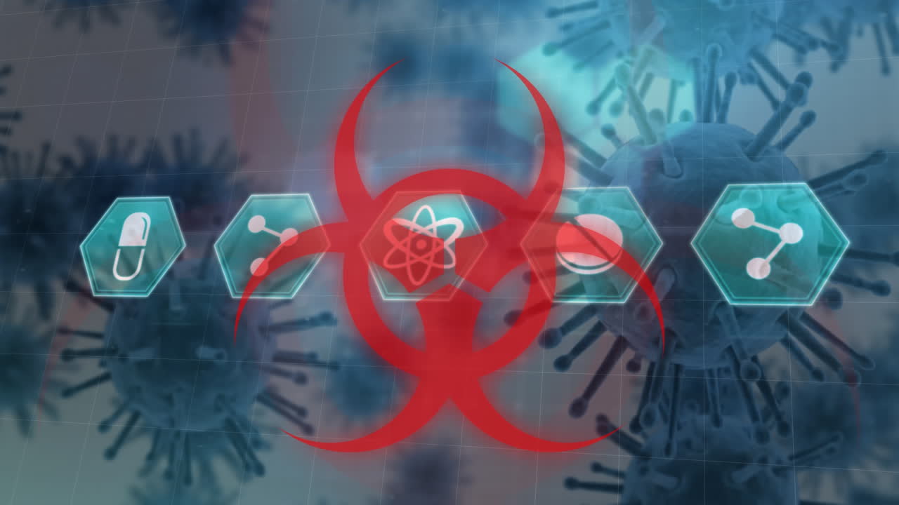 코로나19 세포의 이동에 대한 의료 아이콘에 대한 하자라 표시