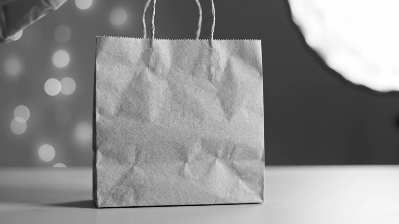 En smukt krøllet grå papirpose står på et bord med en blød bokeh-baggrund, der fremhæver dens tekstur og minimalistiske design i monokrom.