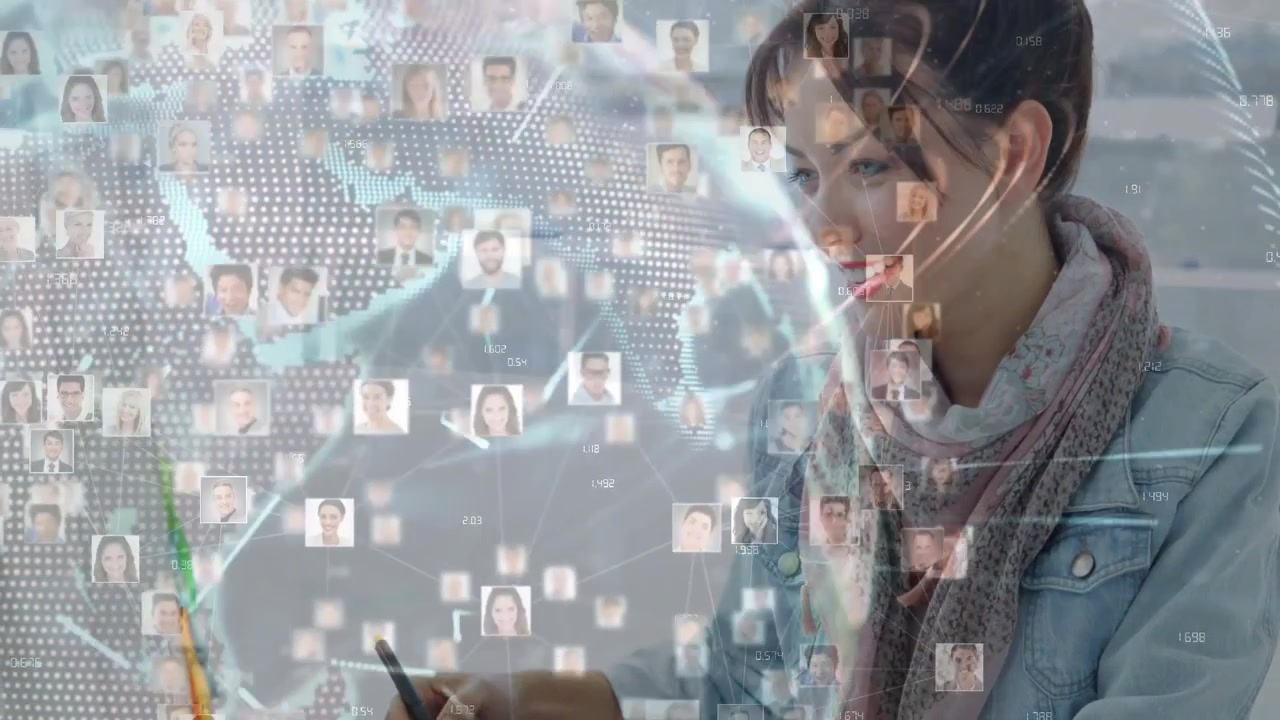 Woman Graphic Designer Working on Digital Tablet with Global Network Overlay