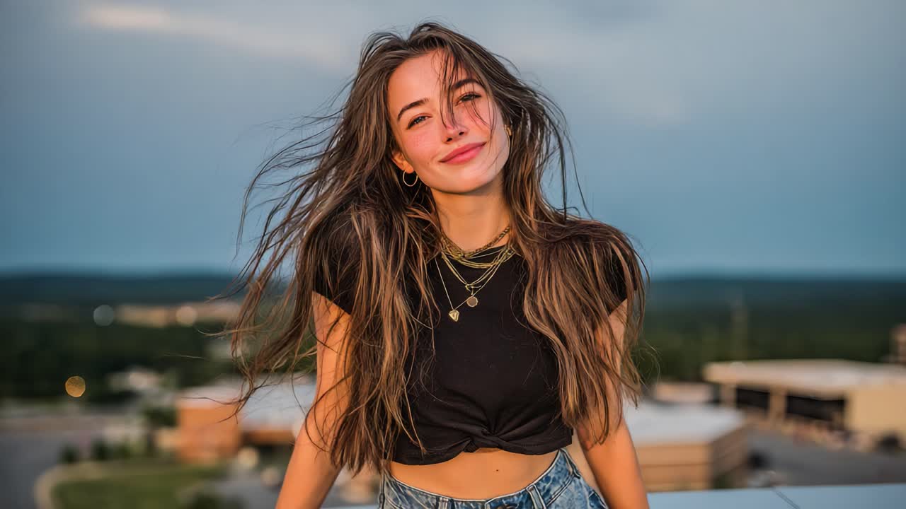 A Joyful Young Woman Posing Against a Scenic Background, Radiating Confidence and Natural Beauty with Her Hair Flowing in the Breeze
