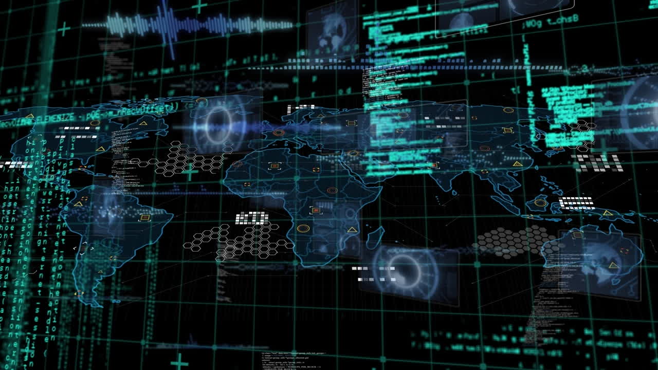 Animation of molecules over data processing on black background