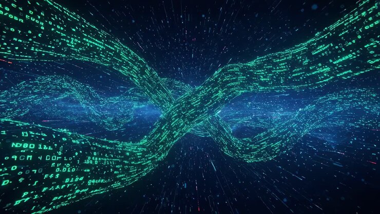Digital binary code cascading through expansive cyberspace, generating dynamic visualization of data streaming across interconnected network pathways with luminous blue green light trails