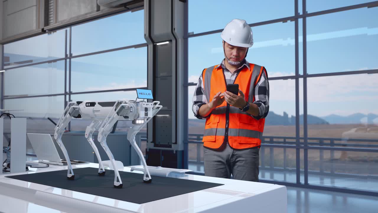Full Body Of Asian Male Engineer With Safety Helmet Using Smartphone While Standing in High Tech Factory, Analyzing Robotic Machine Concept