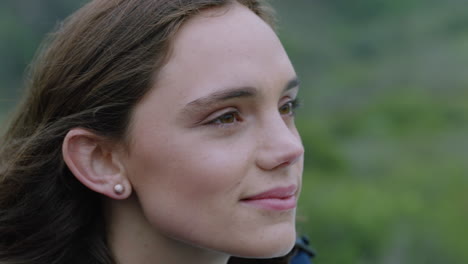 close up portrait of happy woman looking up smiling enjoying freedom outdoors exploring wanderlust contemplating spiritual journey in countryside breathing fresh air feeling positive