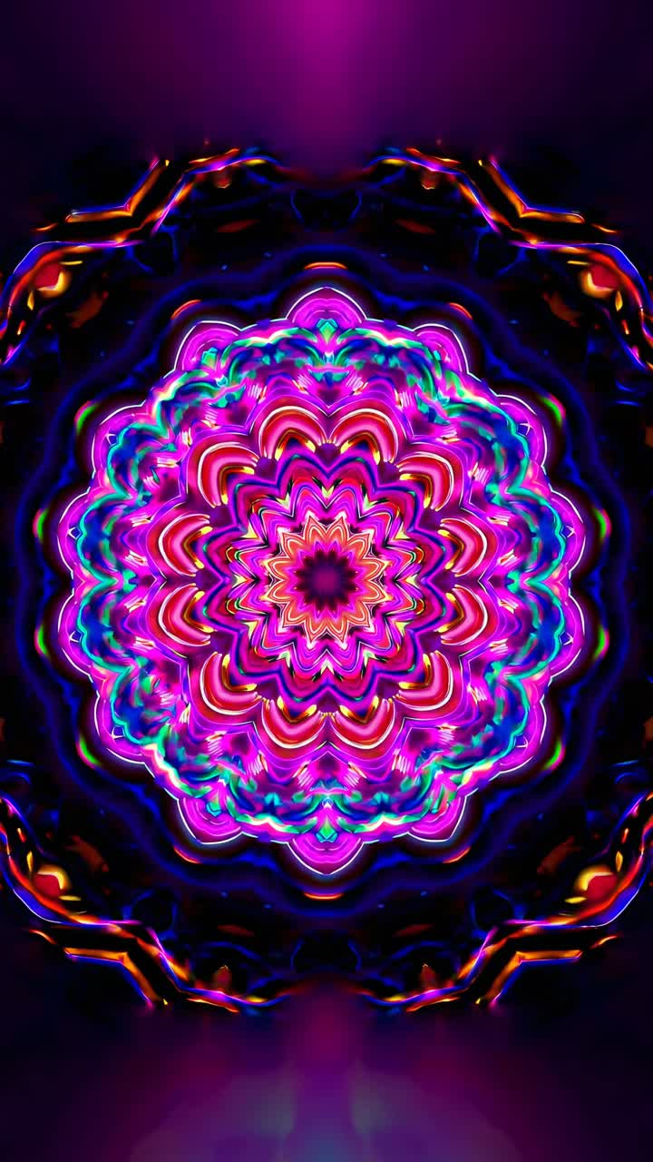 A vibrant, psychedelic mandala design with neon colors, viewed from a top-down angle