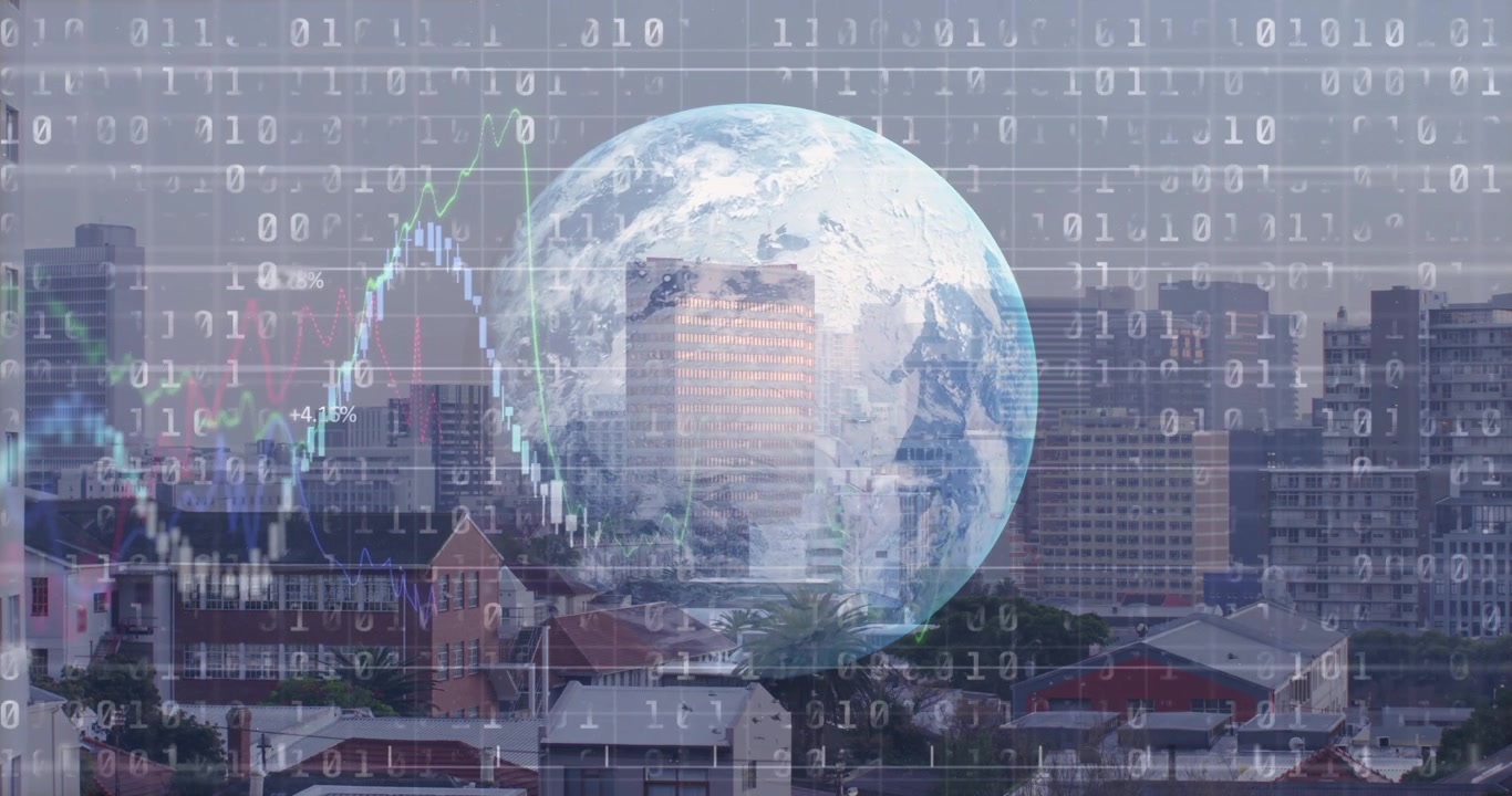 Em uma vista panorâmica, um globo se centralizando enquanto dados binários preenchem e gráficos animados mostram tendências de mercado.