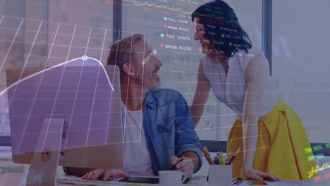 animation of financial data processing over diverse business people in office