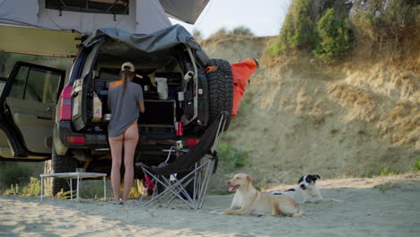 a woman standing by the car with her dogs on the beach