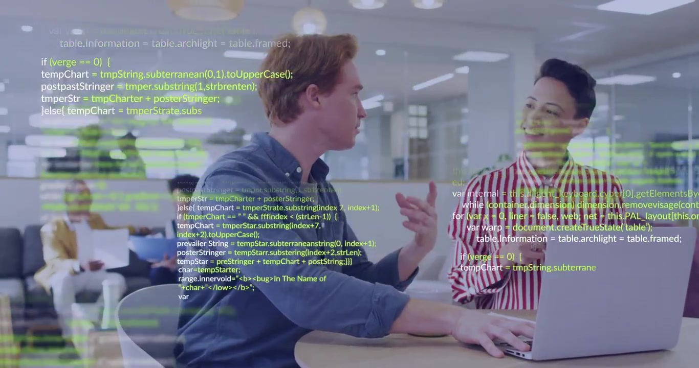 Seated man typing laptop, woman with cup in tech working typing starting green code filling scene