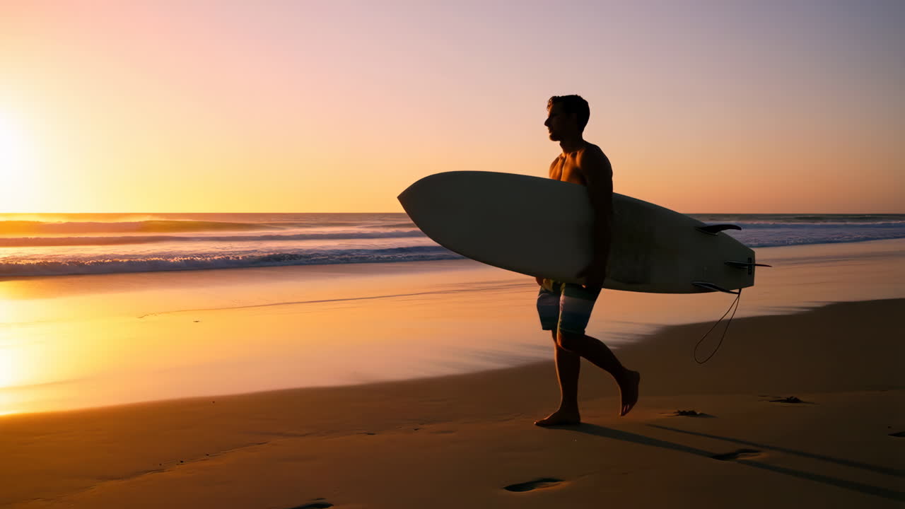 Man with surfboard walking on beach at sunset