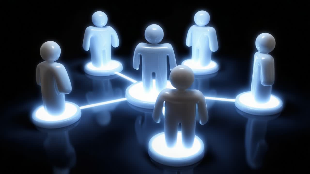 A Glowing Network of Silhouettes Representing Connection and Collaboration Among Individuals in a Digital Space