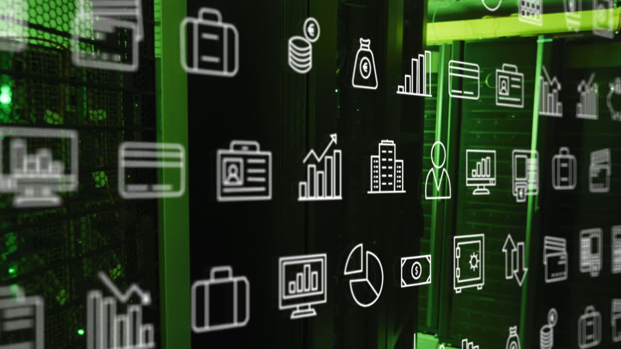 Repeated business and media icons moving over green lit computer servers in dark server room