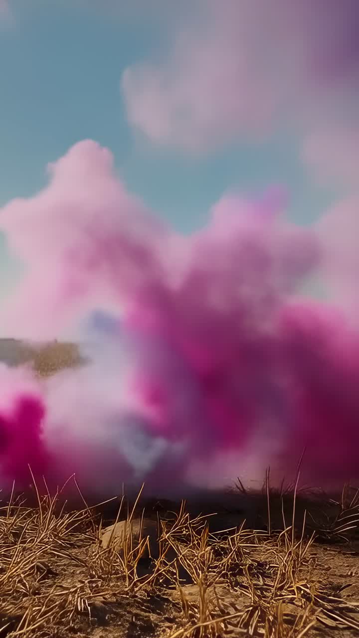 Video verticale: attivazione di una bomboletta che emette fumo magenta, espandendosi e diffondendosi sull'erba secca
