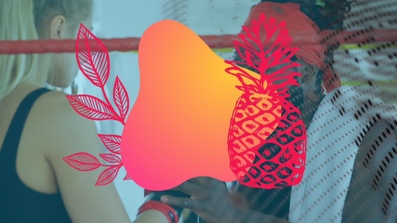 animación de la forma de piña y naranja sobre diversos boxeadores femeninos y masculinos en el ring