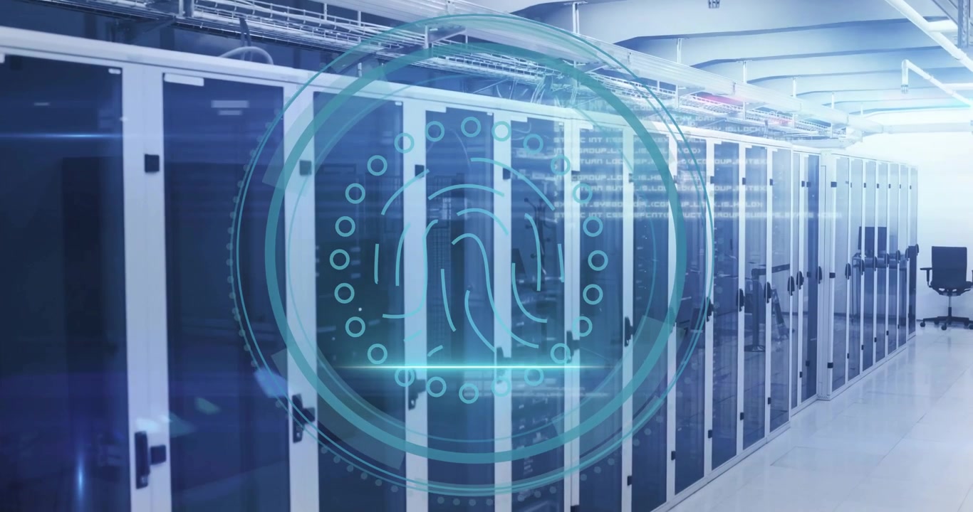 Camera holding server racks as cyber security label fading and rings forming scanning interface