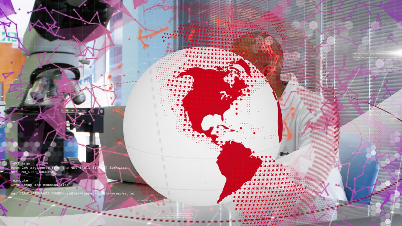 animación de procesamiento de datos y globo sobre científico afroamericano masculino