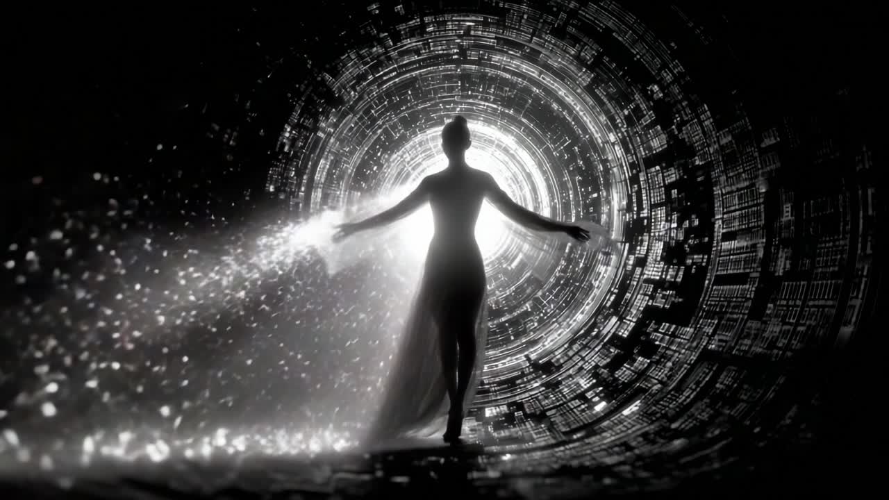 A captivating journey through an ethereal tunnel where a figure gracefully emerges, surrounded by shimmering lights and digital patterns, embodying a fusion of art and technology