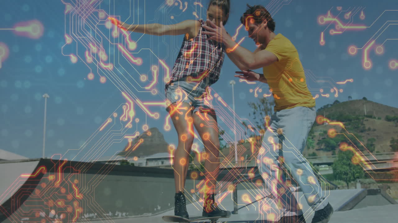 Practicing tricks, skateboarding duo with digital circuit overlay in background