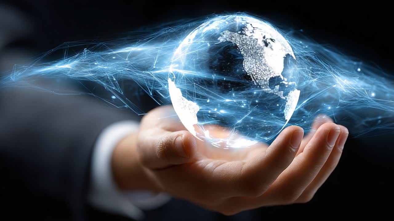 A Mystical Perspective: The Hand of Technology Holding a Digital Representation of Earth Amidst a Swirl of Light and Energy in a Darkened Space