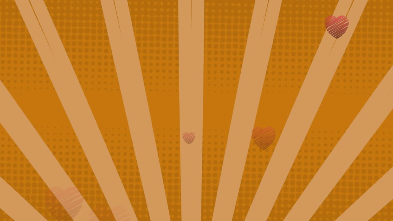Animation of hearts floating over rotating striped orange background