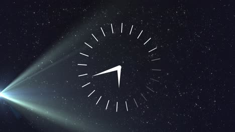 animation of clock moving over stars and light on black background