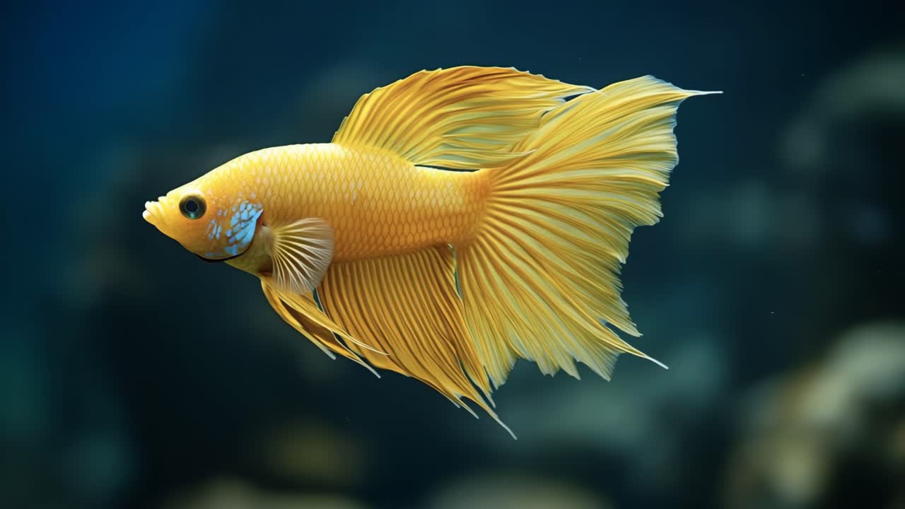 Graceful yellow betta fish. A bright yellow betta fish glides through clear water exhibiting flowing fins, showcasing its beauty and elegance.