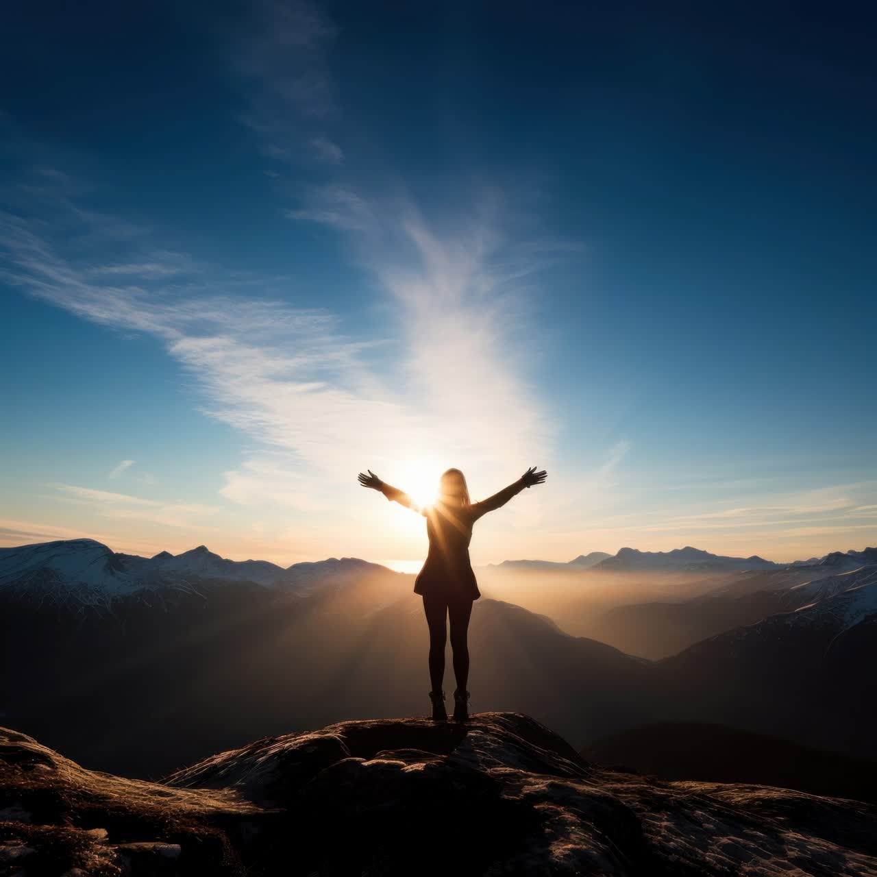 Silhouette di una persona che abbraccia l'alba su una montagna, ripresa da un'angolazione dal basso.