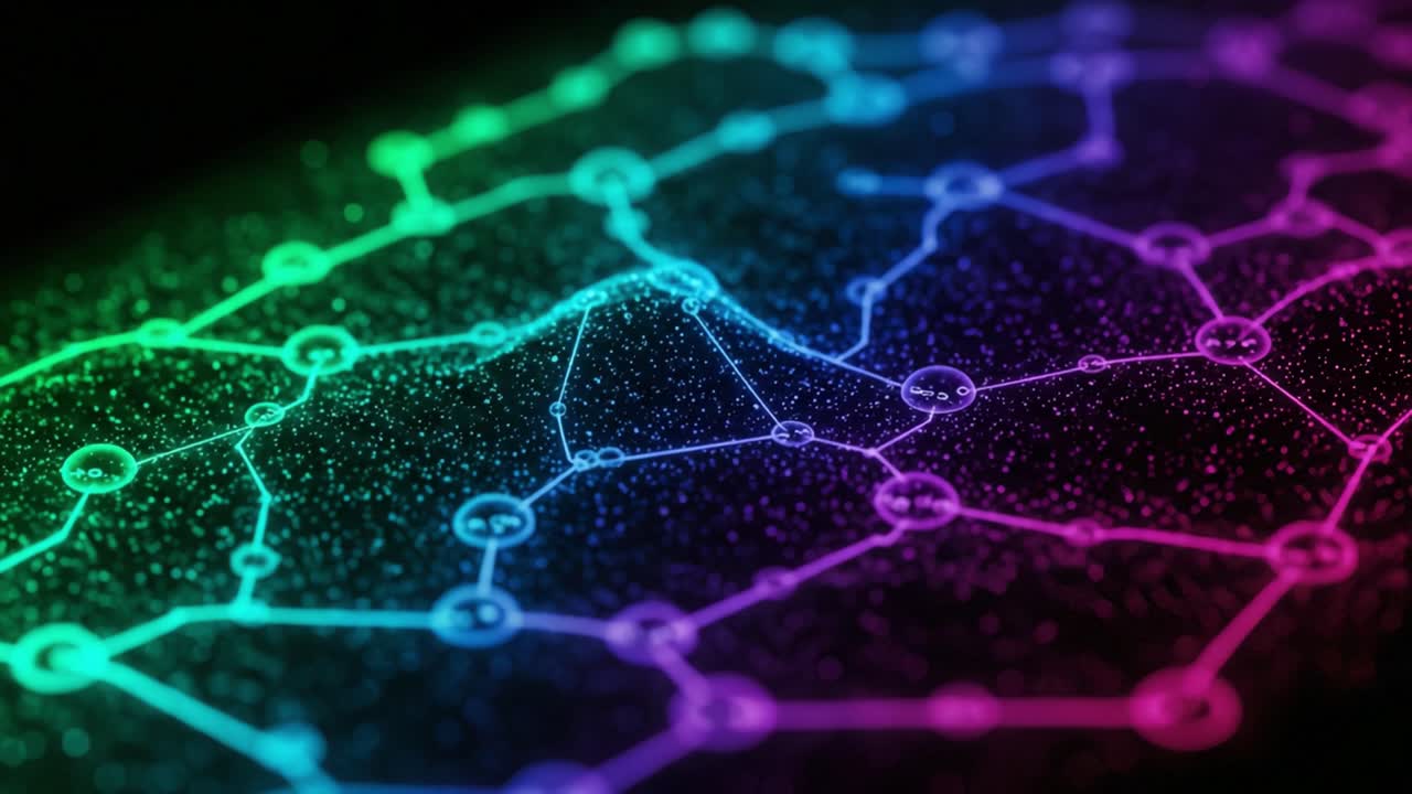 A Vibrant Abstract Visualization of Interconnected Nodes and Lines, Representing Data and Networks in Colorful Gradients of Purple and Green